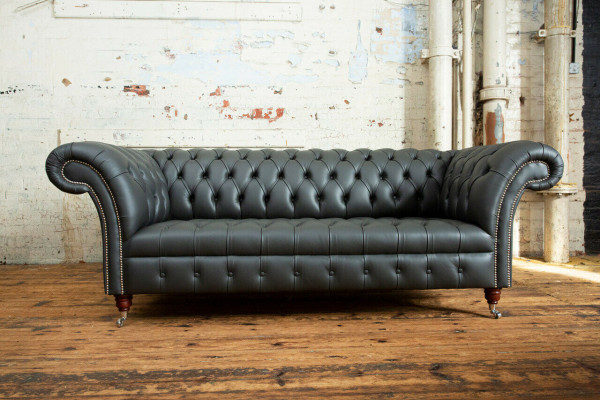 Grijze Chesterfield leren driezits Designer bankstel