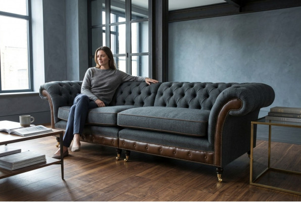 Chesterfield Bank Bank Beklede banken Banken Vierzitter Stof 265cm Zitkussen