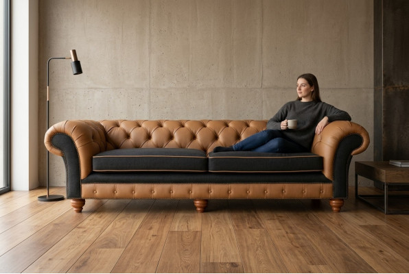 Bruine Chesterfield bank 4-zits bankstel Fluweel Leder design