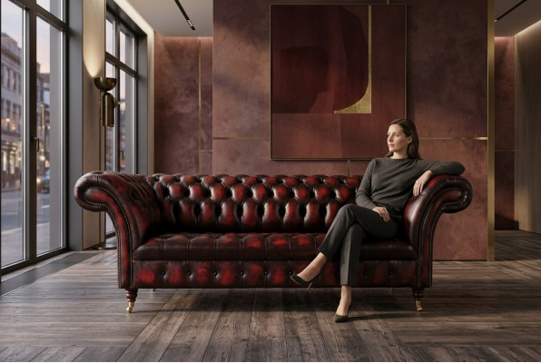 Bordaux Chesterfield driezits luxe woonkamer 3-zitsbank.