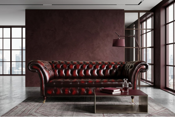 Bordaux Chesterfield driezits luxe woonkamer 3-zitsbank.