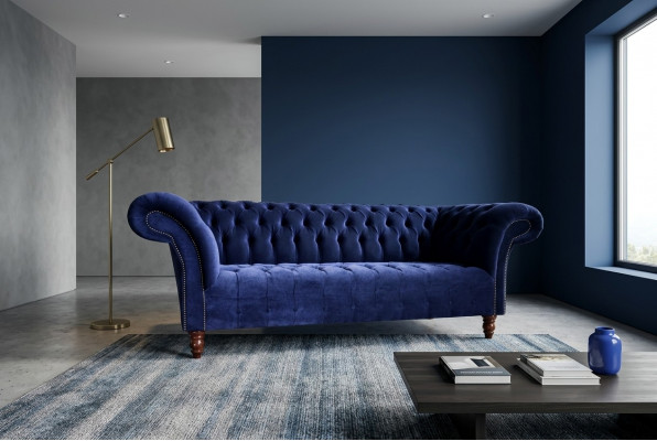 Blauw Chesterfield bank bankontwerp gestoffeerde banken stoffen textiel leer