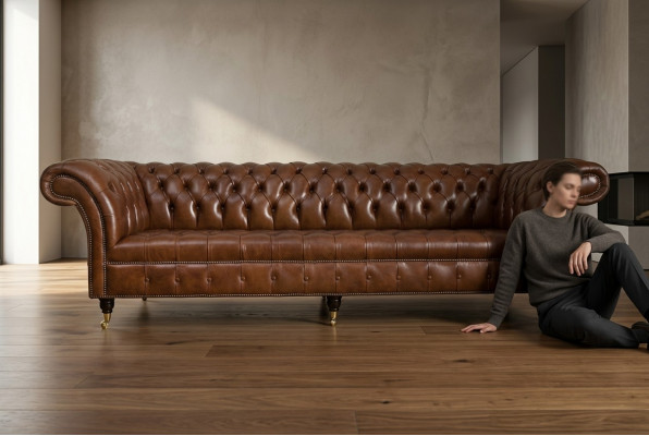 Chesterfield Bruin Bank Bank Bekleding 4-Zits Bankstel Bankstelbanken 265cm