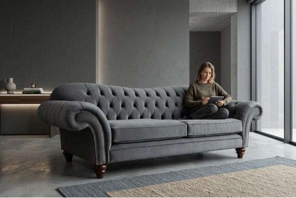 Grote bank 4-zits bank Chesterfield gestoffeerde zitcombinatie stof textiel Nieuw Grijs