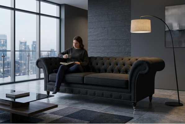 Zwarte Moderne Driepersoons Chesterfield Luxe 3-zitsbank