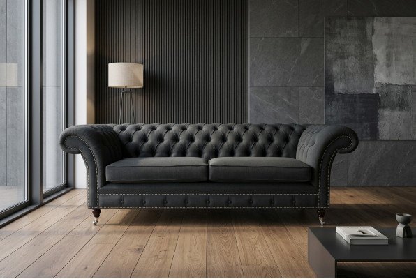 Zwarte Moderne Driepersoons Chesterfield Luxe 3-zitsbank