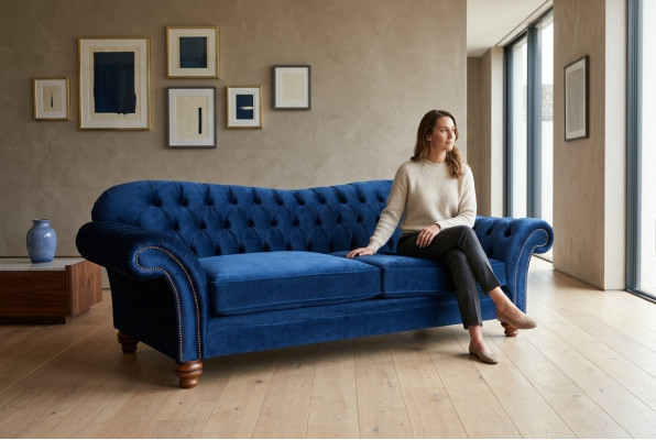 Ontwerpbank 4-zitsbank Textiel bekleding Blauw Klassieke banken Chesterfield Nieuw