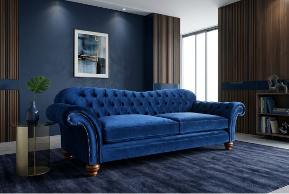 Ontwerpbank 4-zitsbank Textiel bekleding Blauw Klassieke banken Chesterfield Nieuw