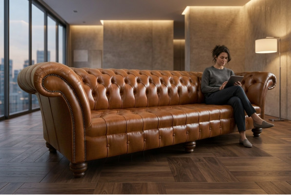 Bruine Chesterfield bank van leder, 4-zits XXL grote bank, nieuw gestoffeerd.