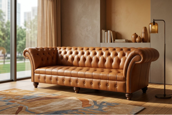 Bruine Chesterfield bank van leder, 4-zits XXL grote bank, nieuw gestoffeerd.