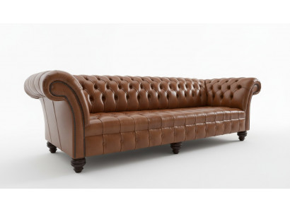 Bruine Chesterfield bank van leder, 4-zits XXL grote bank, nieuw gestoffeerd.