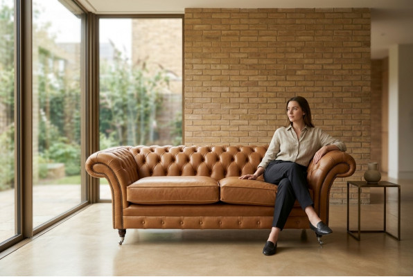 Bankstel 3-zits bank Chesterfield gestoffeerde zitgroep leer bruin textiel