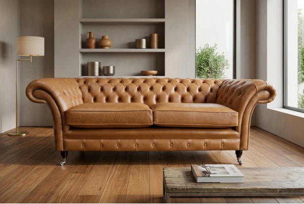 Bankstel 3-zits bank Chesterfield gestoffeerde zitgroep leer bruin textiel