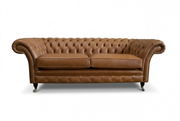Bankstel 3-zits bank Chesterfield gestoffeerde zitgroep leer bruin textiel