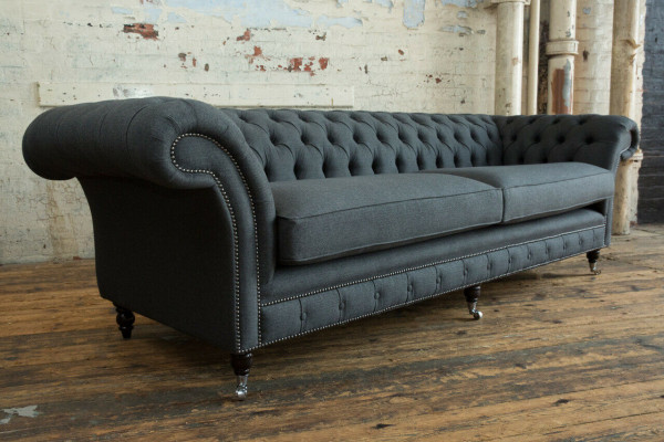 Originele Chesterfield textiel leren bank bank bekleding Grote zitkussen Grijs 265cm