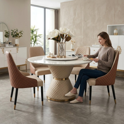 Ronde eettafel met 4 armstoelen 5-delig. Zitkussenset eetkamer.