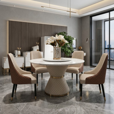 Ronde eettafel met 4 armstoelen 5-delig. Zitkussenset eetkamer.