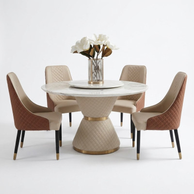 Ronde eettafel met 4 armstoelen 5-delig. Zitkussenset eetkamer.