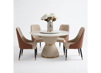 Ronde eettafel met 4 armstoelen 5-delig. Zitkussenset eetkamer.