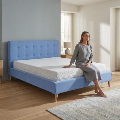 Chesterfield fluwelen tweepersoonsbed in een dubbele uitvoering, luxe design bedden, tweepersoons, blauw, nieuw.