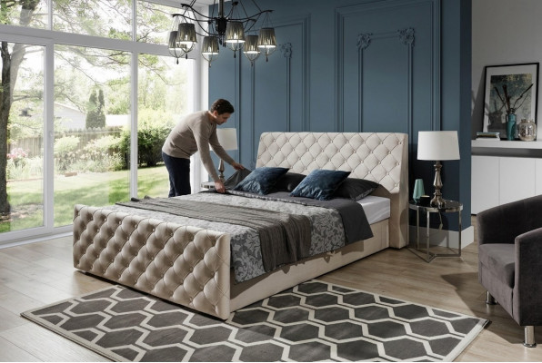 Chesterfield Bed Slaapkamer Bedden Textiel 200x200cm Fluweel Groot Hotel Beige Nieuw