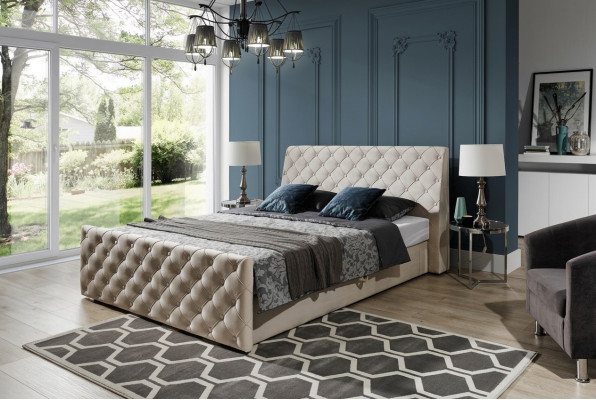 Chesterfield Bed Slaapkamer Bedden Textiel 200x200cm Fluweel Groot Hotel Beige Nieuw