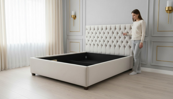 Chesterfield bed gestoffeerd design luxe dubbele hotelbedden goud luxe hotel nieuw