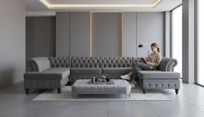 Chesterfield fluwelen hoekbank in U-vorm woonlandschap gestoffeerde hoek bank sofa's nieuw