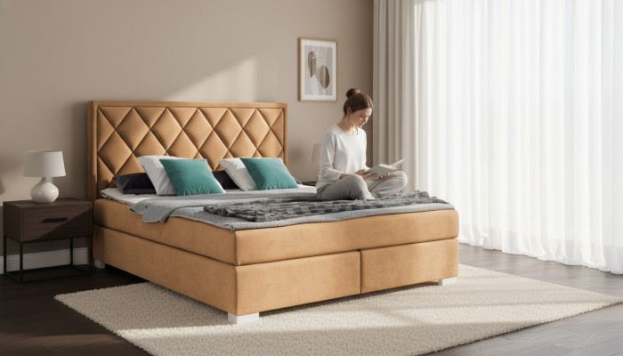 Luxe boxspring bed stof hotel beige bedden slaapkamer meubels ontwerp dubbel