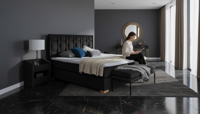 Luxe boxspringbed zwart blauwe bedden slaapkamer meubels ontwerp dubbel hotel