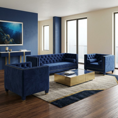 Chesterfield Blauw bankstel 3-delig set bank uitvoeringen zitkussen groep