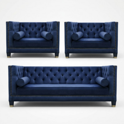 Chesterfield Blauw bankstel 3-delig set bank uitvoeringen zitkussen groep