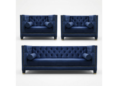 Chesterfield Blauw bankstel 3-delig set bank uitvoeringen zitkussen groep