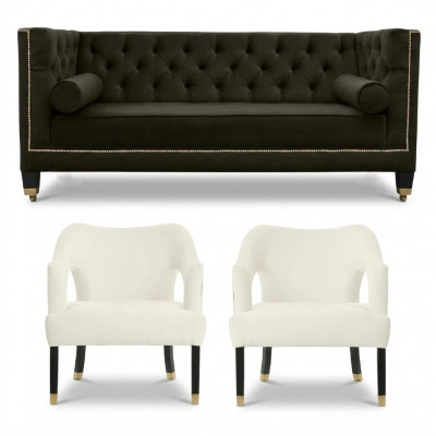 Chesterfield + 2 Stoelen Zwart Wit XXL Groot Textiel Stof Bank Creatief