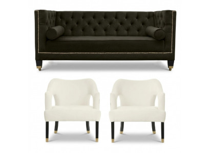 Chesterfield + 2 Stoelen Zwart Wit XXL Groot Textiel Stof Bank Creatief