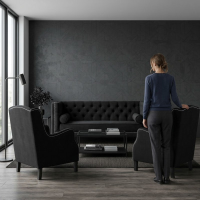 Zwarte bankstel, driezitsbank, fauteuil, gestoffeerde bankstel, 3+1+1.