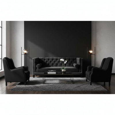 Zwarte bankstel, driezitsbank, fauteuil, gestoffeerde bankstel, 3+1+1.
