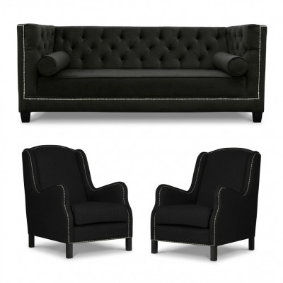 Zwarte bankstel, driezitsbank, fauteuil, gestoffeerde bankstel, 3+1+1.