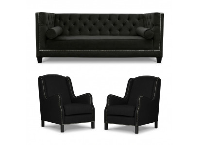Zwarte bankstel, driezitsbank, fauteuil, gestoffeerde bankstel, 3+1+1.