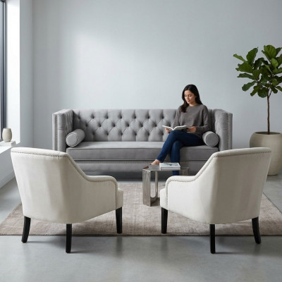 Grijze Chesterfield fauteuil Wit xxl Grote textiel stof Banken Creatieve meubels Nieuw