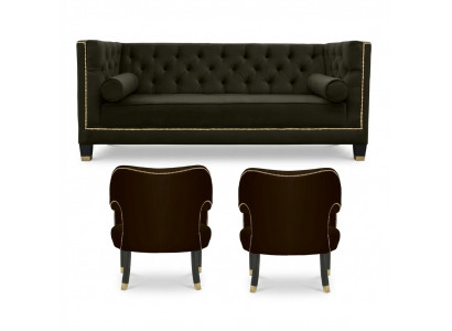 Chesterfield Fauteuil Zwarte xxl Big Textiel Stof Bank Meubelen Bekleding Set