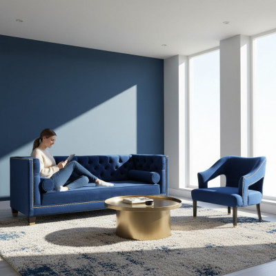 Luxe blauwe Chesterfield bankstel Fauteuil + Driezitsbank 3+1+1 Set