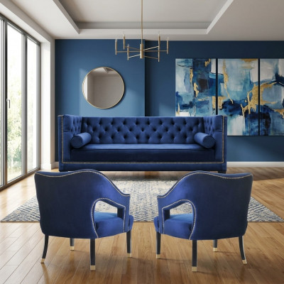 Luxe blauwe Chesterfield bankstel Fauteuil + Driezitsbank 3+1+1 Set