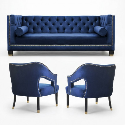 Luxe blauwe Chesterfield bankstel Fauteuil + Driezitsbank 3+1+1 Set