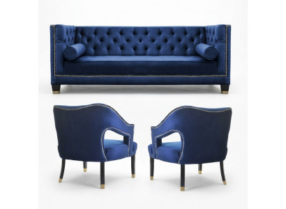 Luxe blauwe Chesterfield bankstel Fauteuil + Driezitsbank 3+1+1 Set