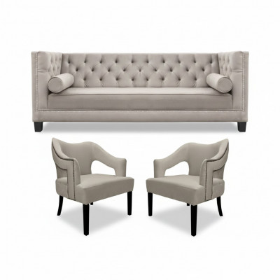 Beige Chesterfield bankstel Gestoffeerd Zitgroep Set van 3 stuks