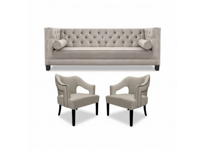 Beige Chesterfield bankstel Gestoffeerd Zitgroep Set van 3 stuks