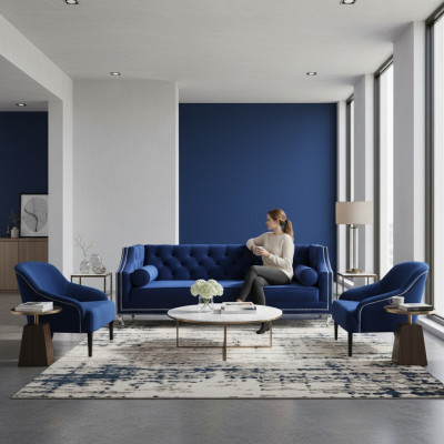 Blauwe Chesterfield fauteuil Blauw xxl Textiel Stof Bankgroep Meubelset