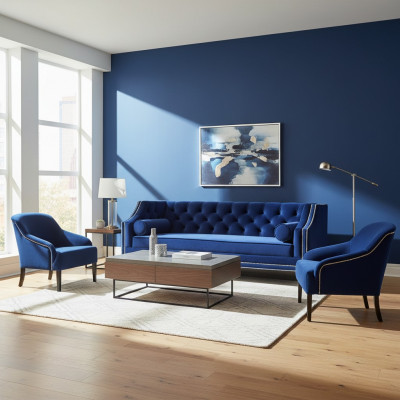 Blauwe Chesterfield fauteuil Blauw xxl Textiel Stof Bankgroep Meubelset