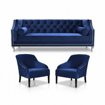 Blauwe Chesterfield fauteuil Blauw xxl Textiel Stof Bankgroep Meubelset